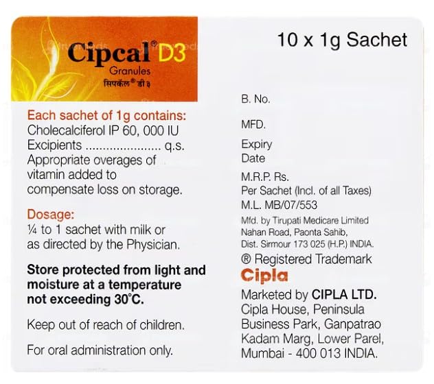 Cipla Cipcal D3 Vitamin D3 Granules For Bone And Joint Health | 60000 IU | 10 Sachets Of 1g Each | Supports Calcium Absorption & Strength