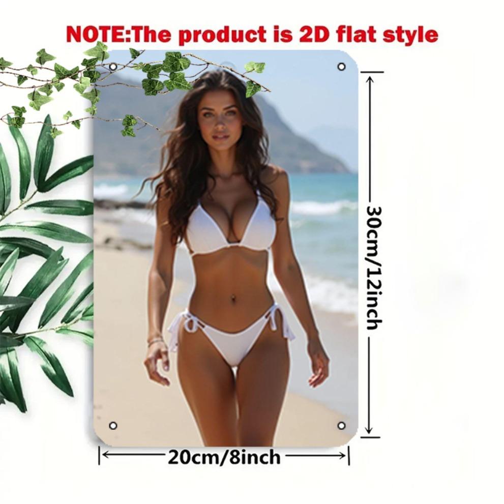 Retro White Metal Bikini Beach Wall Sign 8x12 Inch Vintage Surf Art Door Outdoor Decor Sign 2D Flat Plaque 1960s Easy Install