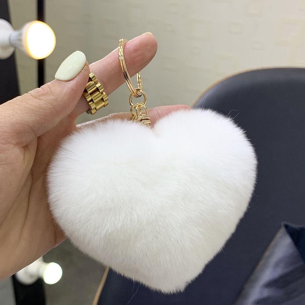 Large Heart Pompom Key Chain For Women Rainbow Plush Ball Keychain Car Bag Pendant Fashion Jewelry Fluffy Love Pompons Keyring