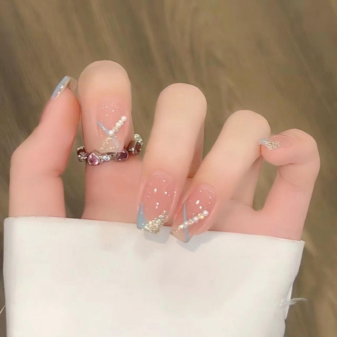 

Hypotenuse French Wearable Nails - Pearl & Glitter Medium Long False Nail Stickers B558-Slanted French [Glue]