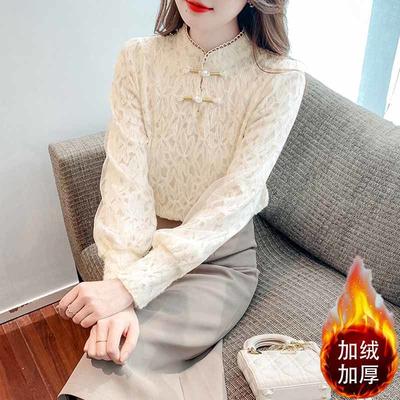 Autumn and Winter Velvet Lace Long-sleeved Bottoming Women's New Flocked Thickened Plate Buckle Western Inner Top