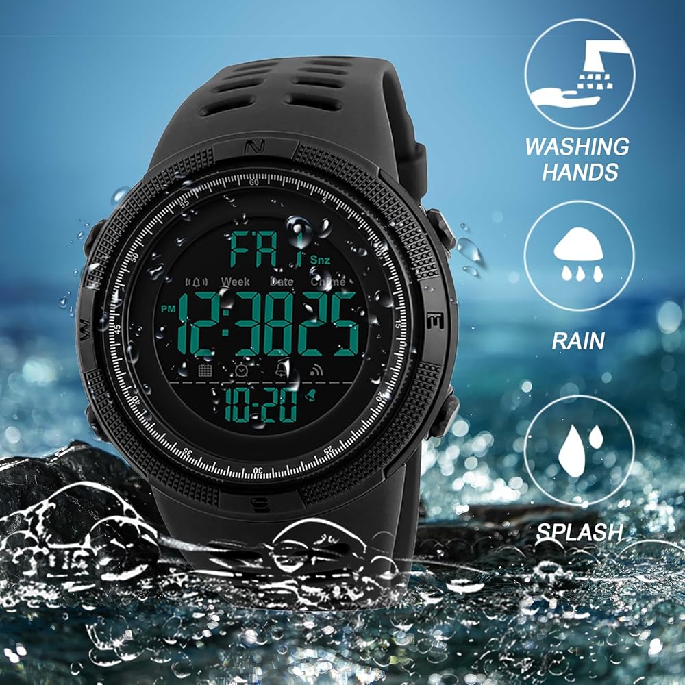 Outdoor Men's Digital Watch Silicone Waterproof Large Numbers Luminous Calendar Function Sports Style Black