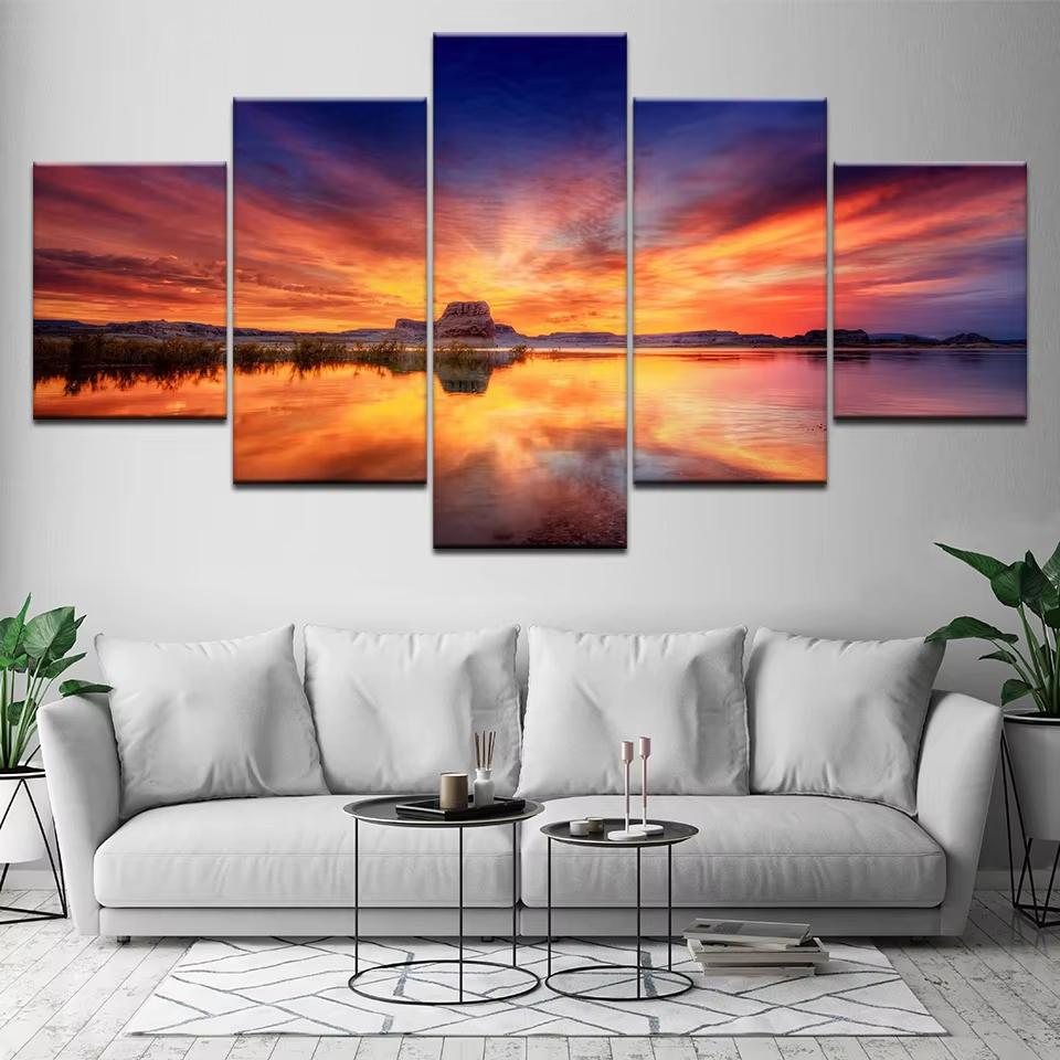 5 Stück Cleopatra Ozean Leinwandbild Wandkunst Oranger Himmel Ozeanstrand Multi Türkei Sandstrand Sonnenaufgang Wanddekoration Ohne Rahmen