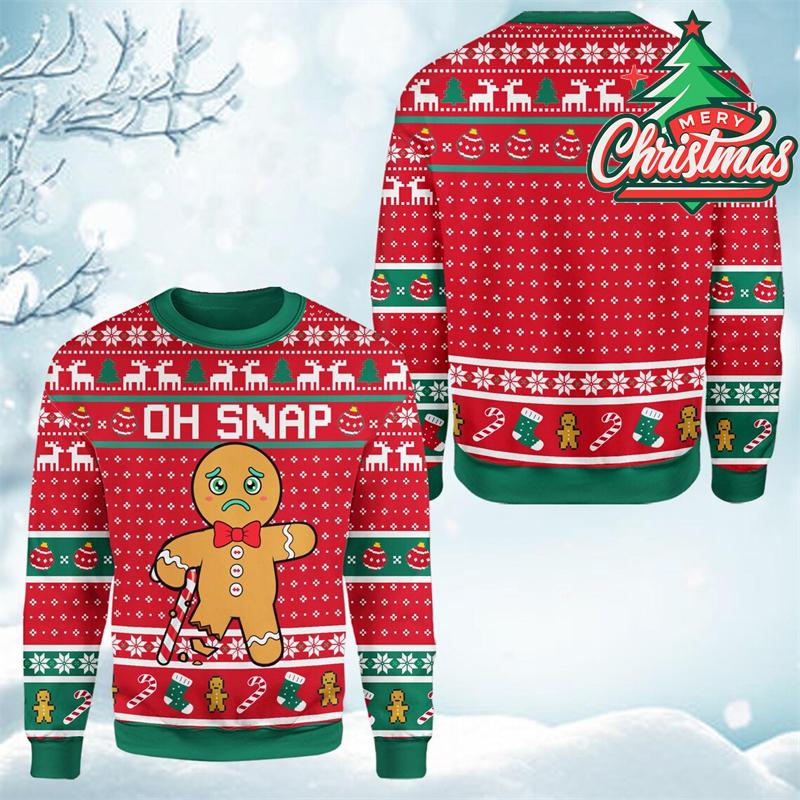 Oh Snap Funny Gingerbread Christmas Ugly Sweater Men Clothes Cute Neon Print Loose Sport Sweater Festival Unique Gift Sweatshirt