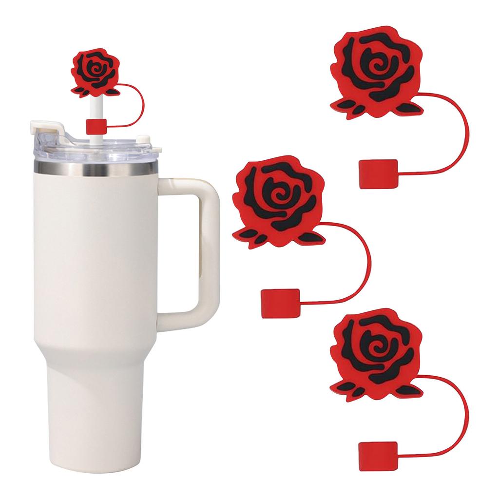 Valentine's Day Straw Cover Cap, 10mm Silicone Straw Tip Covers, Red Rose Cup Accesories For 30 & 40oz 3Pcs