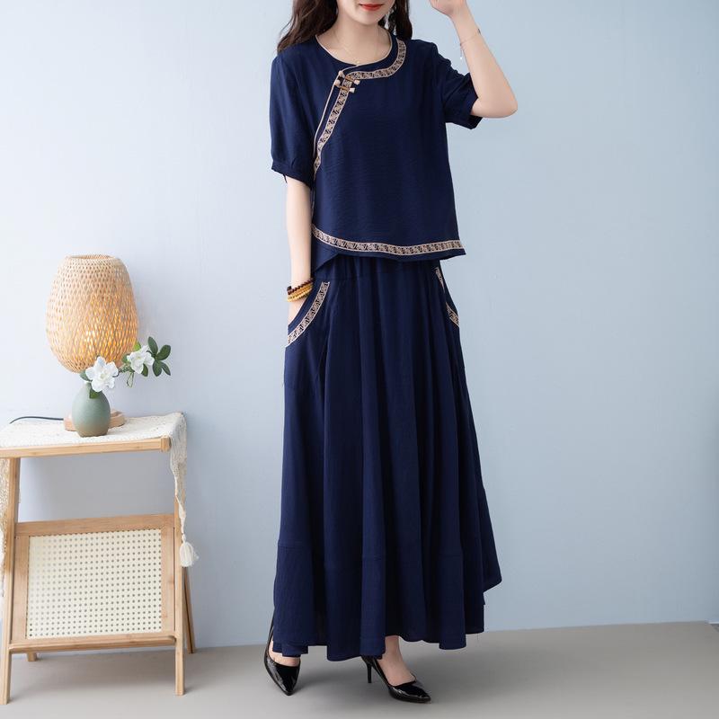 Fashionable Ethnic Midi Skirt Two-Piece Set for Women (2025 Summer)