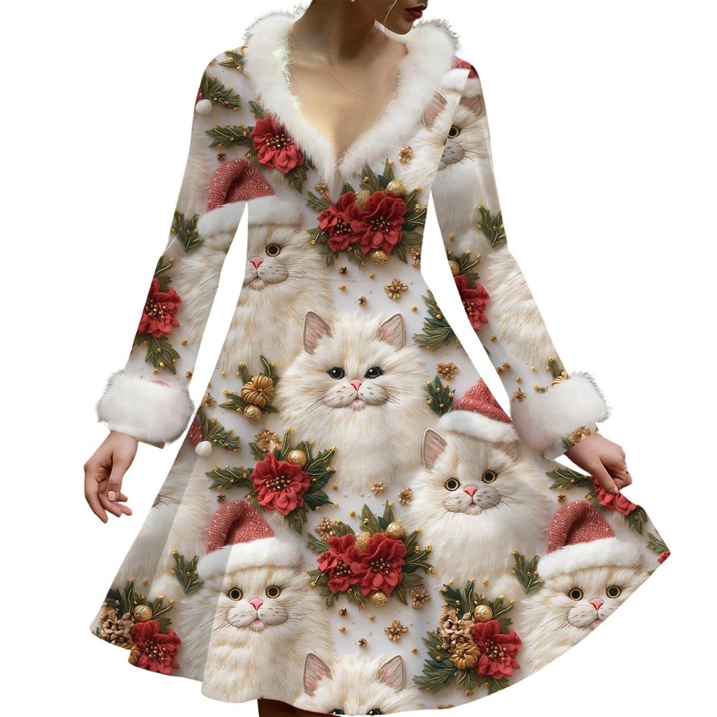 Women's Casual V-neck Christmas Print Plush Long-Sleeve Casual Dress