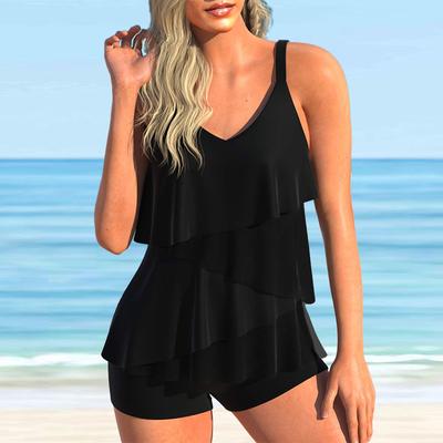 Women's Shoulder Strap Swimsuit Black Lotus Leaves Print Bikini Tankini Swimsuit