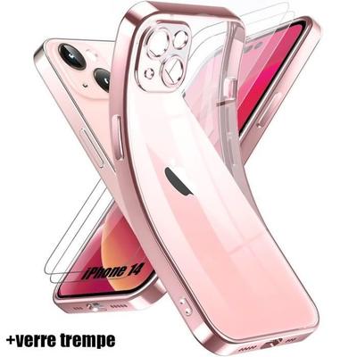 Protective Case - Silicone - for iPhone 14 - Pink - Ultra Thin - 2 Tempered Glasses