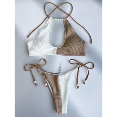 XS - L Spleiß-Neckholder Ausgeschnitten Gerippter Bikini Damen Badeanzug Damen Bademode Zweiteiliges Bikini-Set Perlen Badeanzug Schwimmen