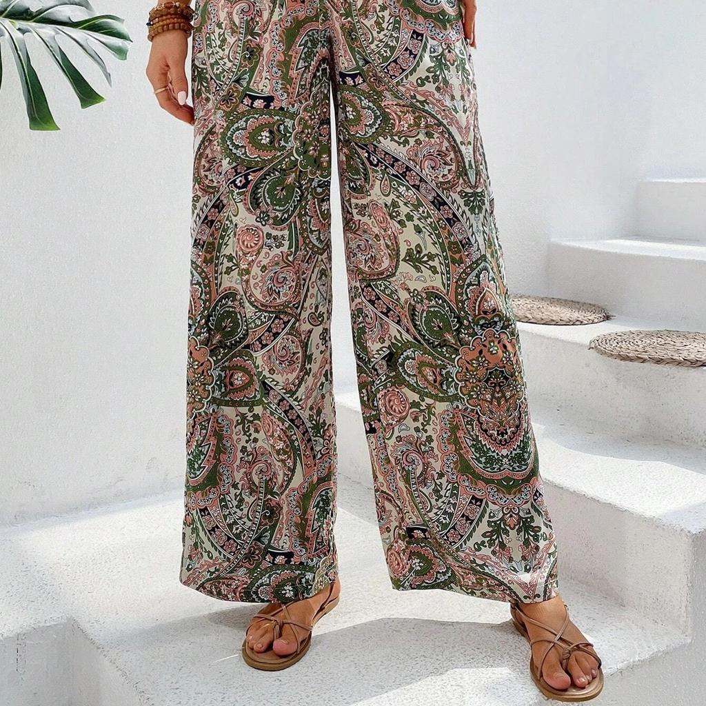 2026 New Women's Printed Wide Leg Pants, Elastic Waist Palazzo Pants for Summer, Trendy Flowy Casual & Vacation Bottoms