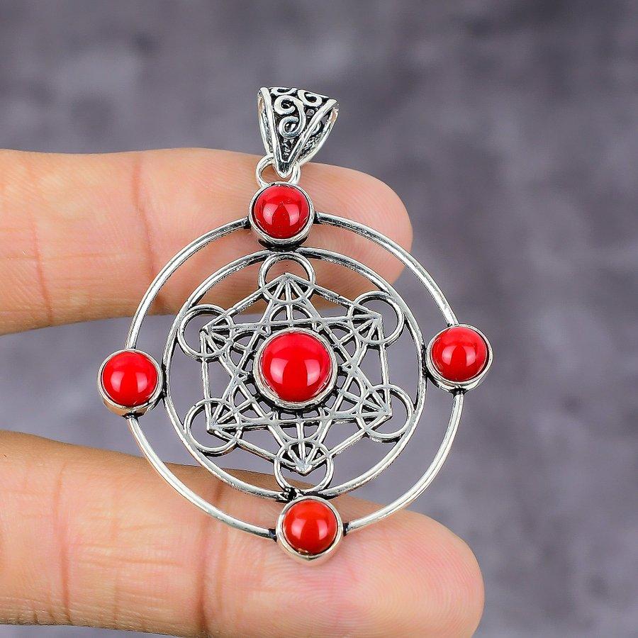 Natural Italian Red Coral Gemstone 925 Sterling Silver Pendant 2.17" K6Y23