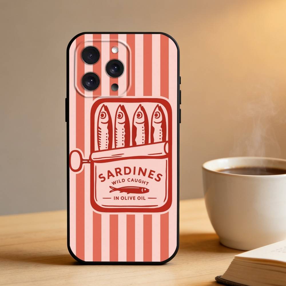 

Cute Sardines Fish Art Phone Case For iPhone 16,15,14,13,12,17,Pro Max,Plus Silicone Black Case iPhone15