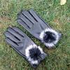 Touch Screen Leather Gloves Women's Rabbit Hairball Design PU Repair Hand Thin Autumn and Winter Warm Korean Version Imitation Leather Driving Gloves