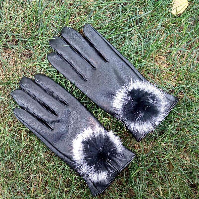 Touch Screen Leather Gloves Women's Rabbit Hairball Design PU Repair Hand Thin Autumn and Winter Warm Korean Version Imitation Leather Driving Gloves