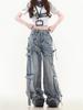Unisex Wide-Leg Multi-Pocket Ripped Blue Jeans with Deconstructed Ribbon