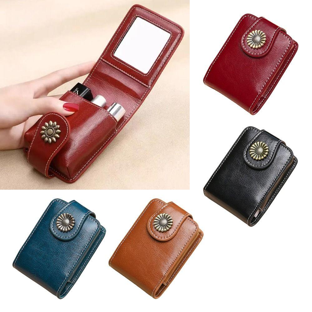 Portable Mini Makeup Bag PU Leather Vintage Lipstick Packet with Mirror Cosmetic Accessories Storage Pouch for Women Girls