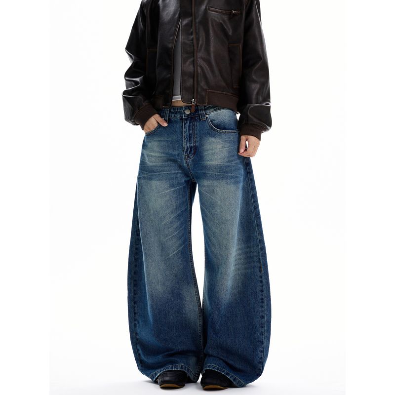 Kisko American Retro Washed Whiskered Scimitar Jeans Unisex Trendy Brand Cleanfit Loose Straight Pants