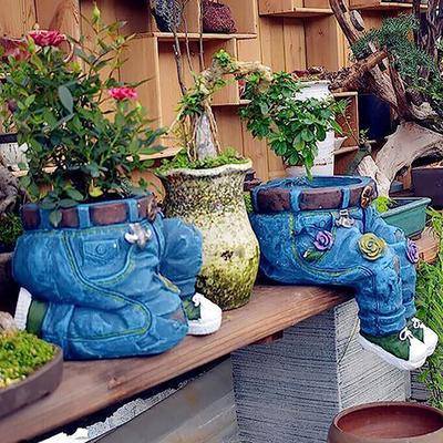 1Pc Jeans Pants Shape Flower Pot Resin Statue Flower Pot Planter For Indoor Garden Yard Lawn Porch Patio Outdoor Plant Container
