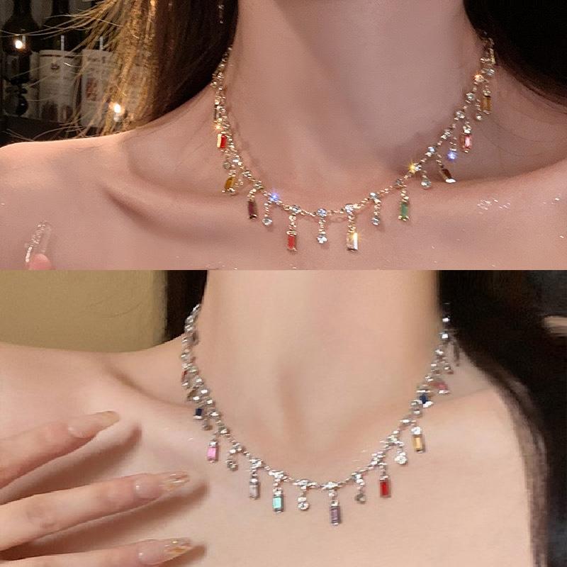 Luxury Colorful Zircon Square Shiny Choker Necklaces for Women Exquisite Crystal Short Sexy Chain Wedding Bride Jewelry Gift