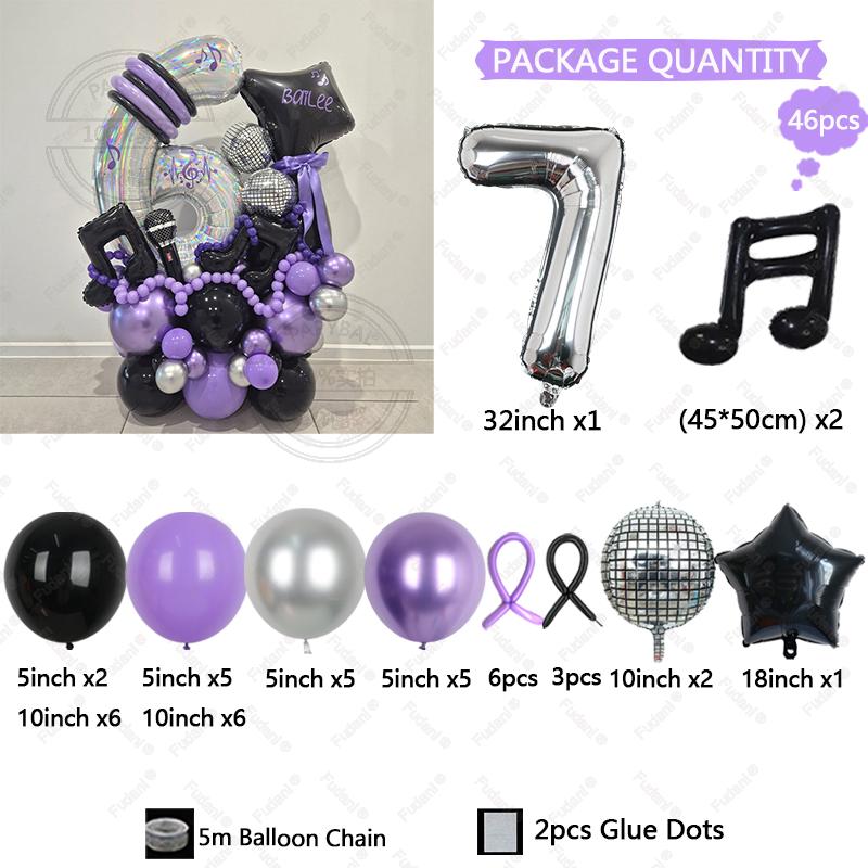 

46Pcs Black Purple Music Note Theme Digital Balloon Girl Birthday Party Balloon Set Baby Shower Globos Photography Props 32inch
