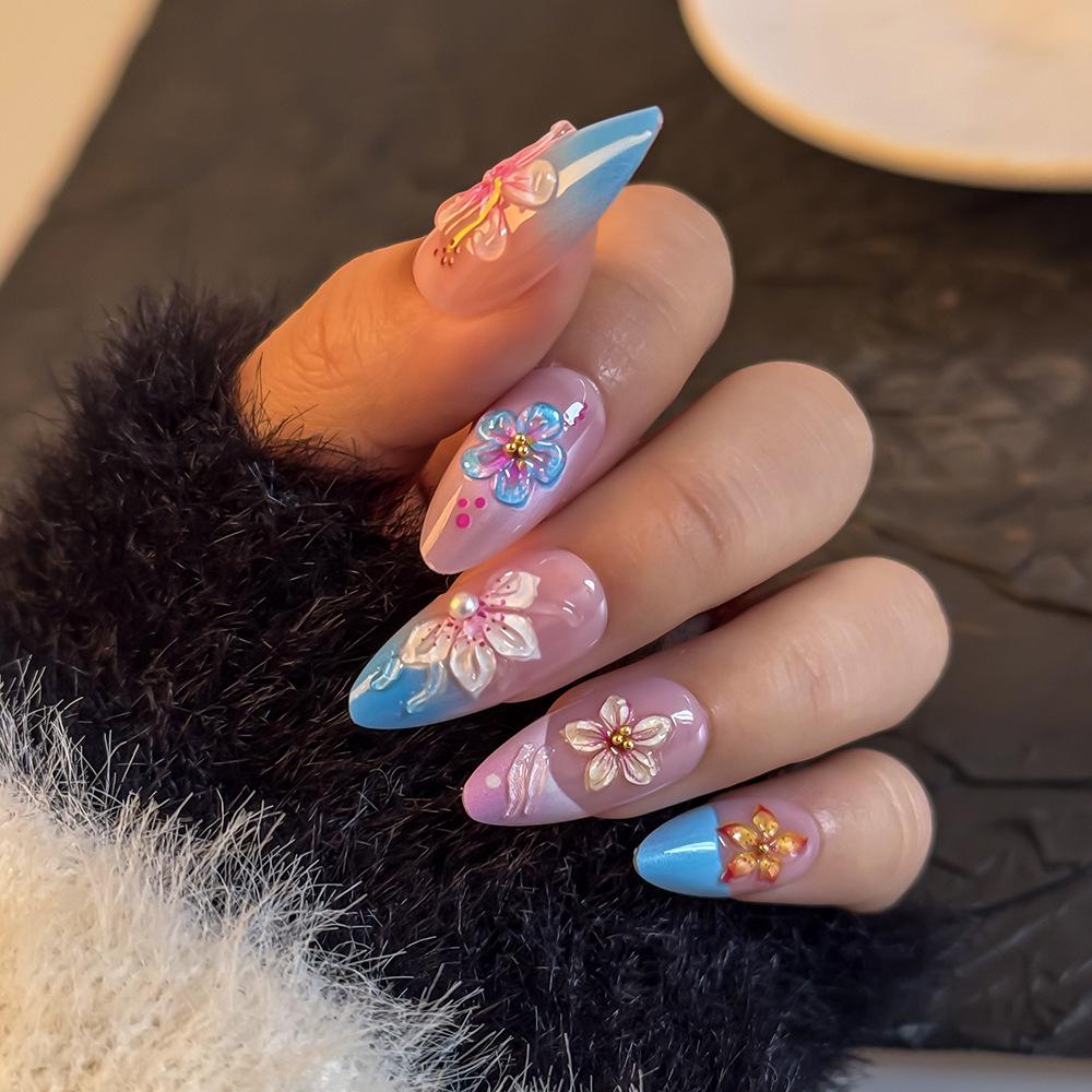 24-Piece Multi-Color Almond Shape Flower and Pearl Nail Art Stickers