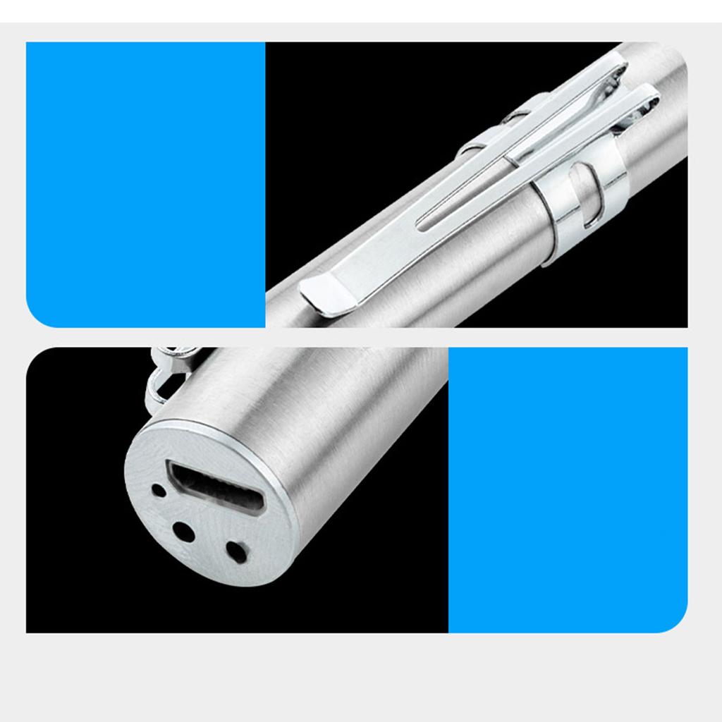 LED Flashlight USB Charging White Lighting Stainless Steel Mini Pen Type for Outdoor