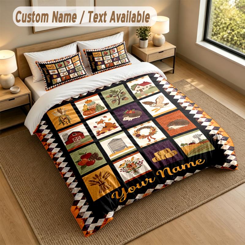 Autumn Harvest Theme Personalized 3Pcs Bedding Set Custom Text & Name 1 Sheet 2 Pillowcases Household Bedding 1pc