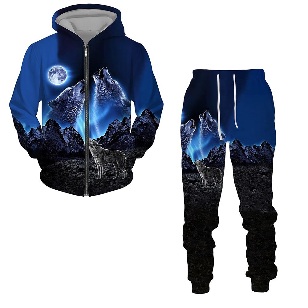 Dragkedja Luvtröja Träningsoverall Herr Kvinnor 3D-tryck Varg Lösa Par Luvtröjor +byxor Casual Hip Hop Streetwear Sweatshirts Kostymer