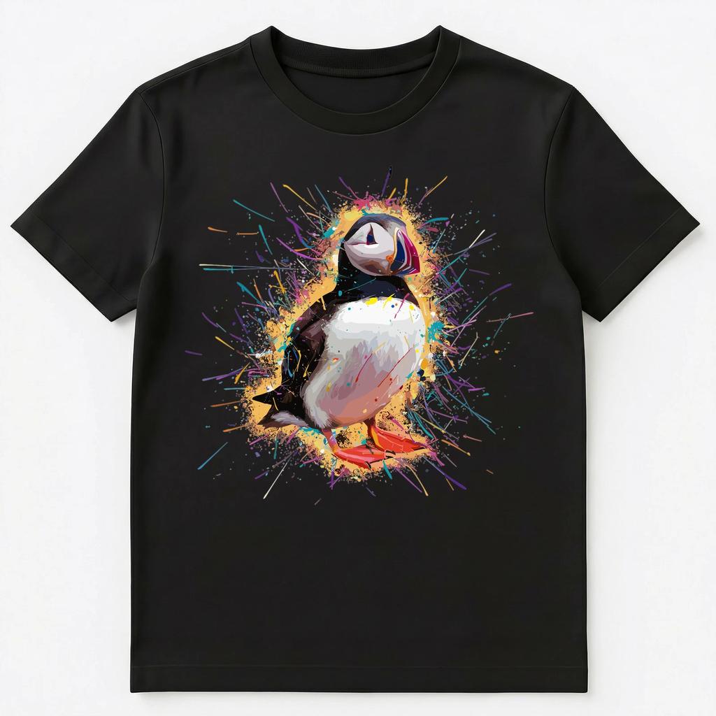 Colorful Paint Splash Puffin Art Graphic Unisex T-shirt Tops Tees Unisex