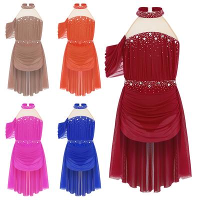Vestido de Danza Lírica para Niñas - Halter Espalda Descubierta con Abertura, Pedrería Brillante y Drapeado de Malla Fruncida para Actuación