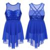 Kids Girls Modern Lyrical Dance Costumes Sleeveless Sequins Criss-Cross Back Ballet Irregular Leotard Dress