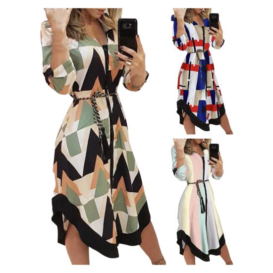 Women's Button Down V-Neck Midi Dress Long Sleeve Lace-Up Printed Dress Summer Casual Outfit for Daily Wear Vacation Club Cocktail Party