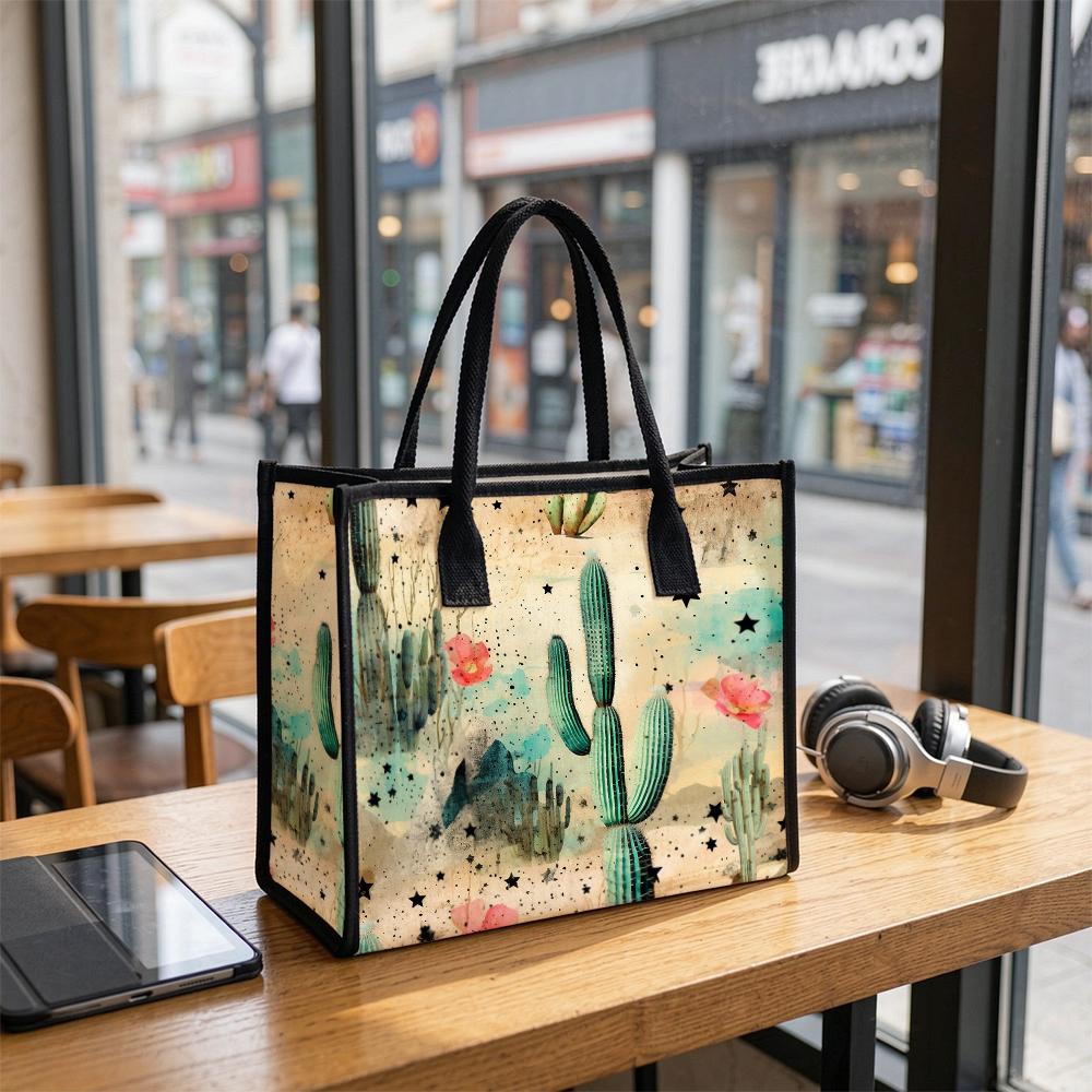 Watercolor Cactus Pattern Tote Bag Casual Large Capacity Shopping Handbag for Daily Use
