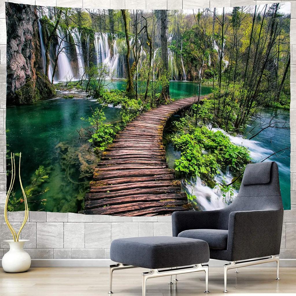 Enchanted Forest Tapestry Serene Waterfall Wooden Path Unique Wall Art for Home Decor Bedroom Nature Lover Gift