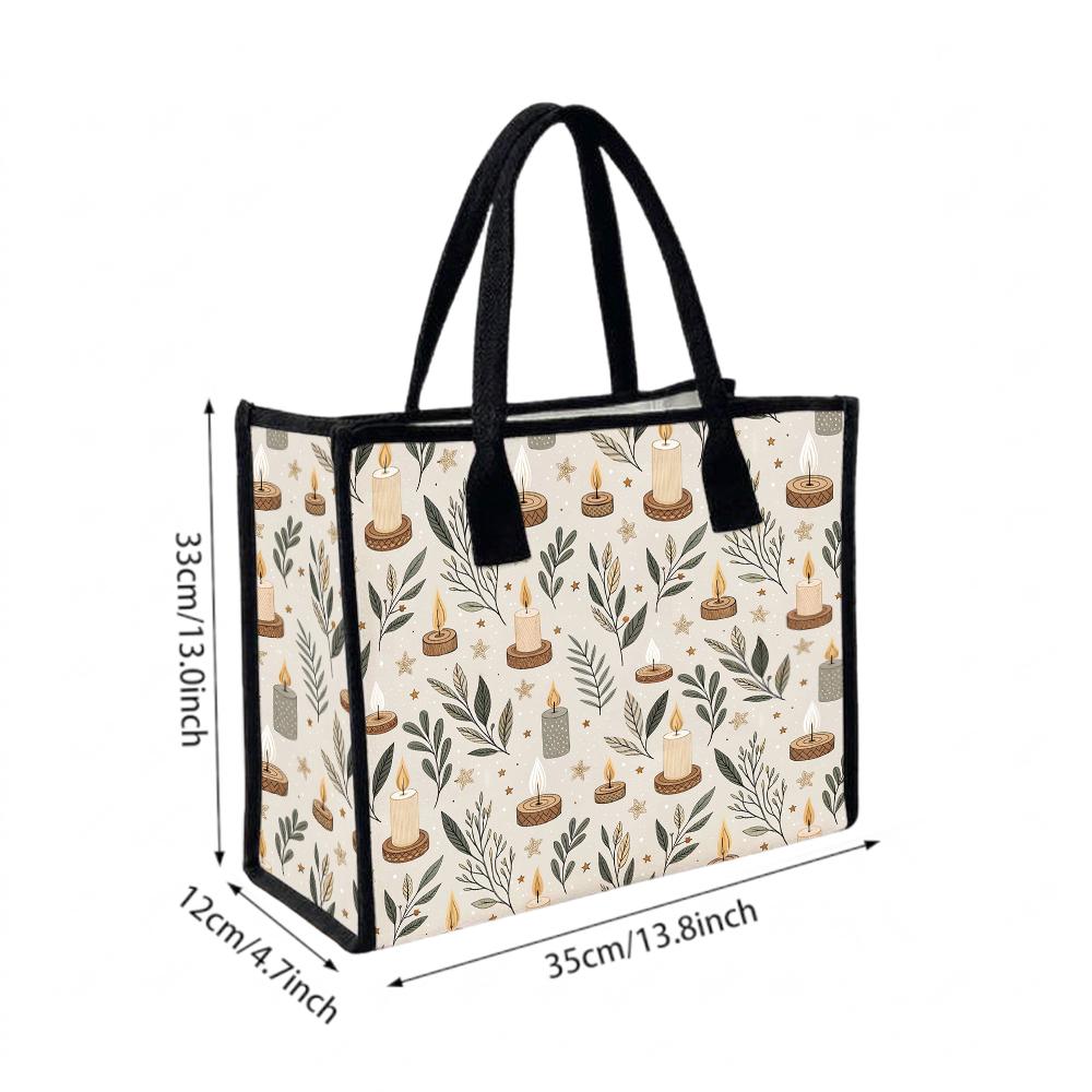 Winter Candle Printed Canvas Tote Bag Fashion Portable Daily Shopping Handbag