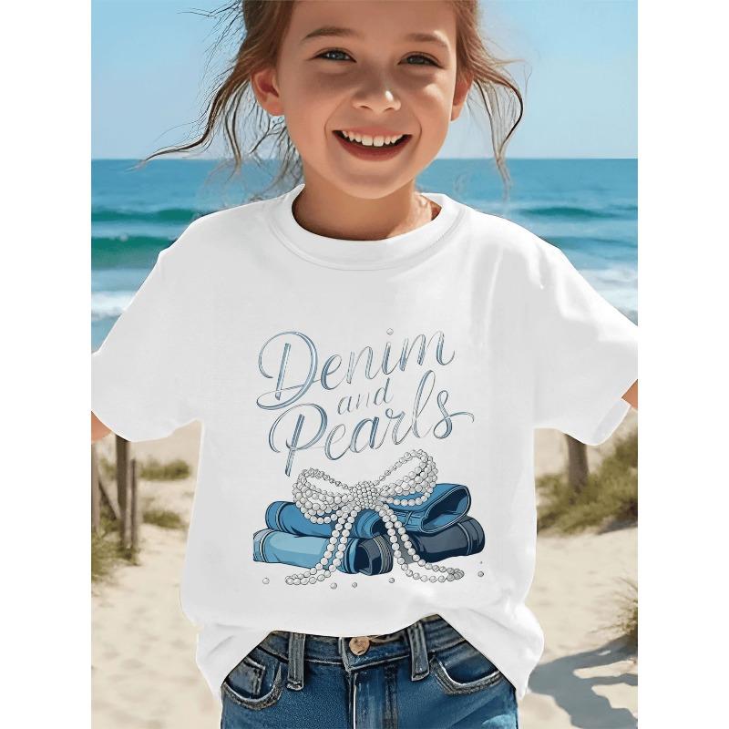 Girls Crewneck Short Sleeve Tee, Denim Pearls Cursive Graphic Lightweight Top 110 белый