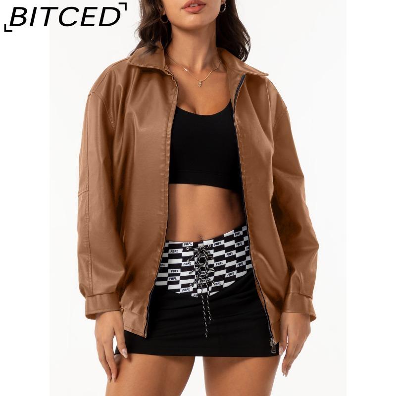 BITCED Fashionable Oversized Leather Jacket for Women Long-Sleeve Collared Spring/Fall Coat