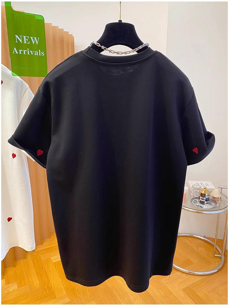 Heart Embroidery Women's European Style T-shirt - Short Sleeve, Loose Fit, Pure Cotton, 2025 Spring Collection