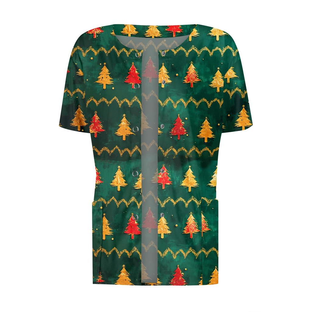 Women's Short Sleeved Patterned Pockets, Work Print Stand Up Collar, Single Breasted Protective Clothing, Cardigan Jacket, Top
