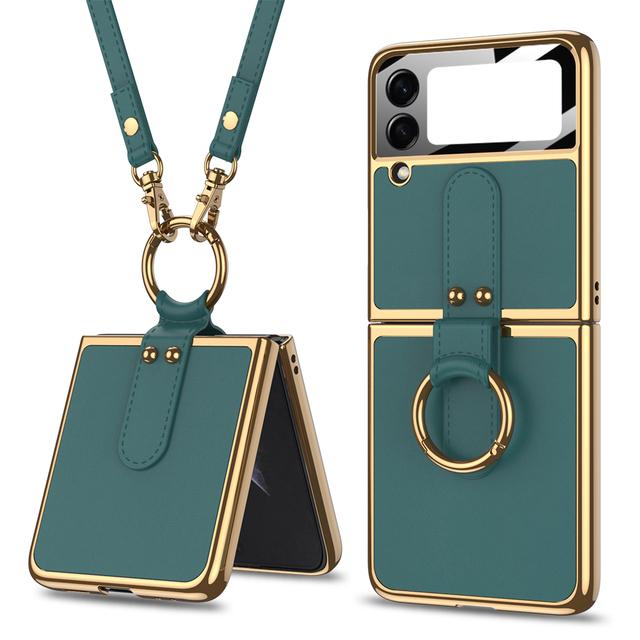 For Samsung Galaxy Z Flip 3 5g Case Original Case Luxury Plating Leather Strap Ring Stand Hard Cover For Samsung Z Flip 3 5g