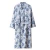 Men's Yarn-Dyed Pure Cotton Gauze Mid-Length Tie-Up Robe with Three-Quarter Sleeves – Spring to Autumn Wear