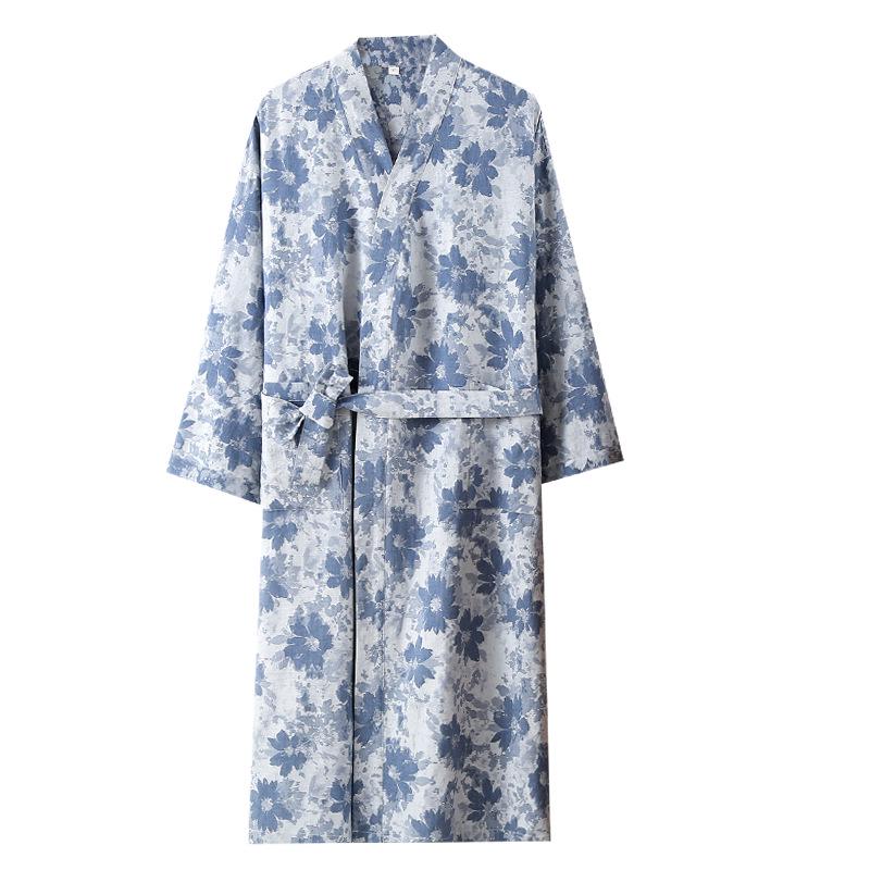 Men's Yarn-Dyed Pure Cotton Gauze Mid-Length Tie-Up Robe with Three-Quarter Sleeves – Spring to Autumn Wear