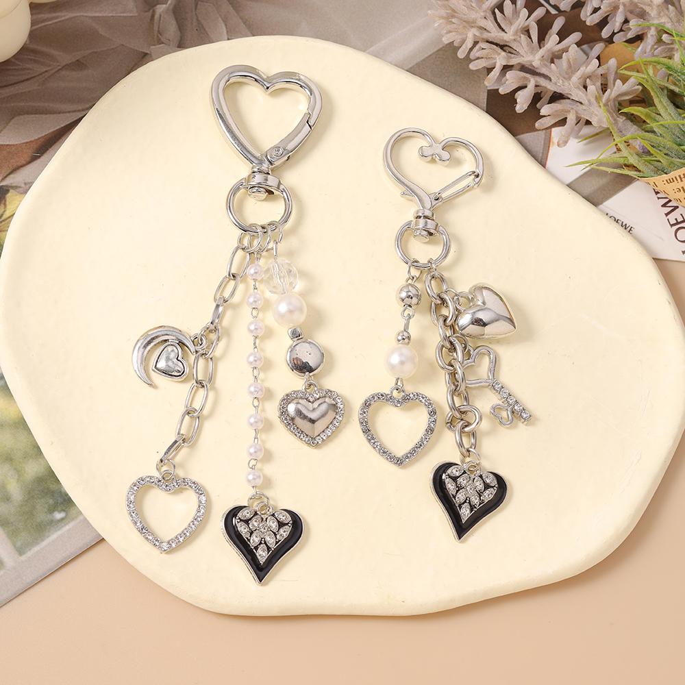 Cute Crystal Love Heart Keychain Women Girls Pear Beaded Key Ring Pendants for Women Girls Handbag Decor DIY Jewelry Gifts