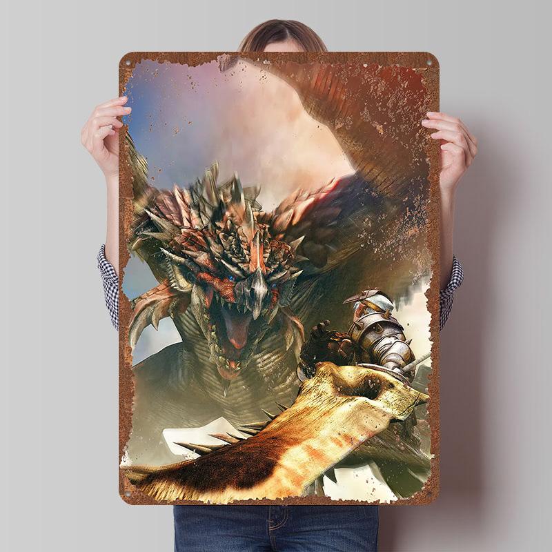 MMonster Hunter Tinplate Posters Custom Wall Art Vintage Metal Signs Retro Tin Plaque for Gaming Decoration Room Bar Accessories