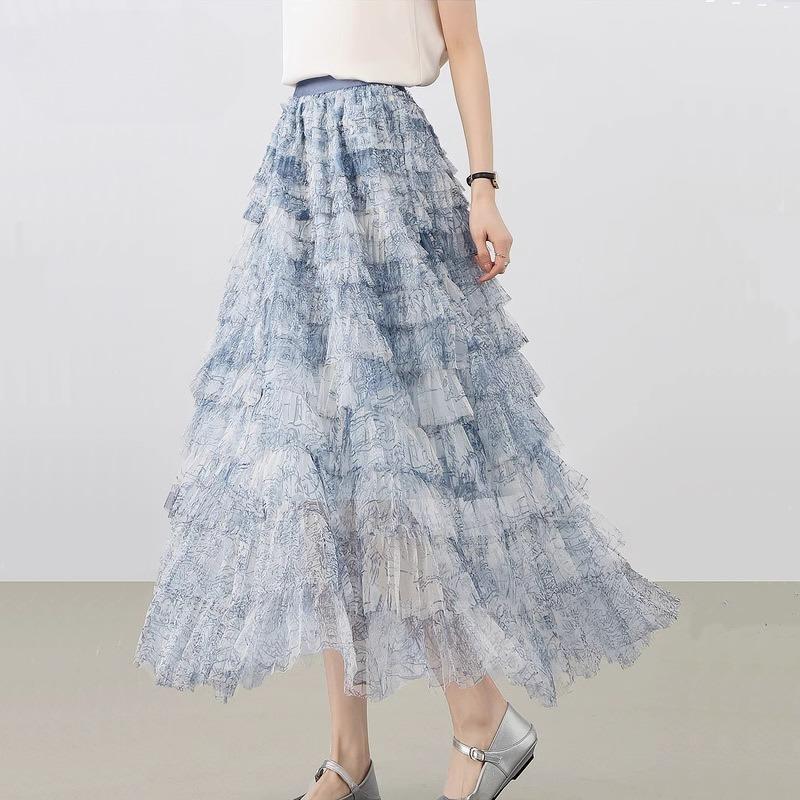 Blue Mesh Skirt Summer Sweet Long Tulle Cake Skirt Women Fashion Half Length Skirt