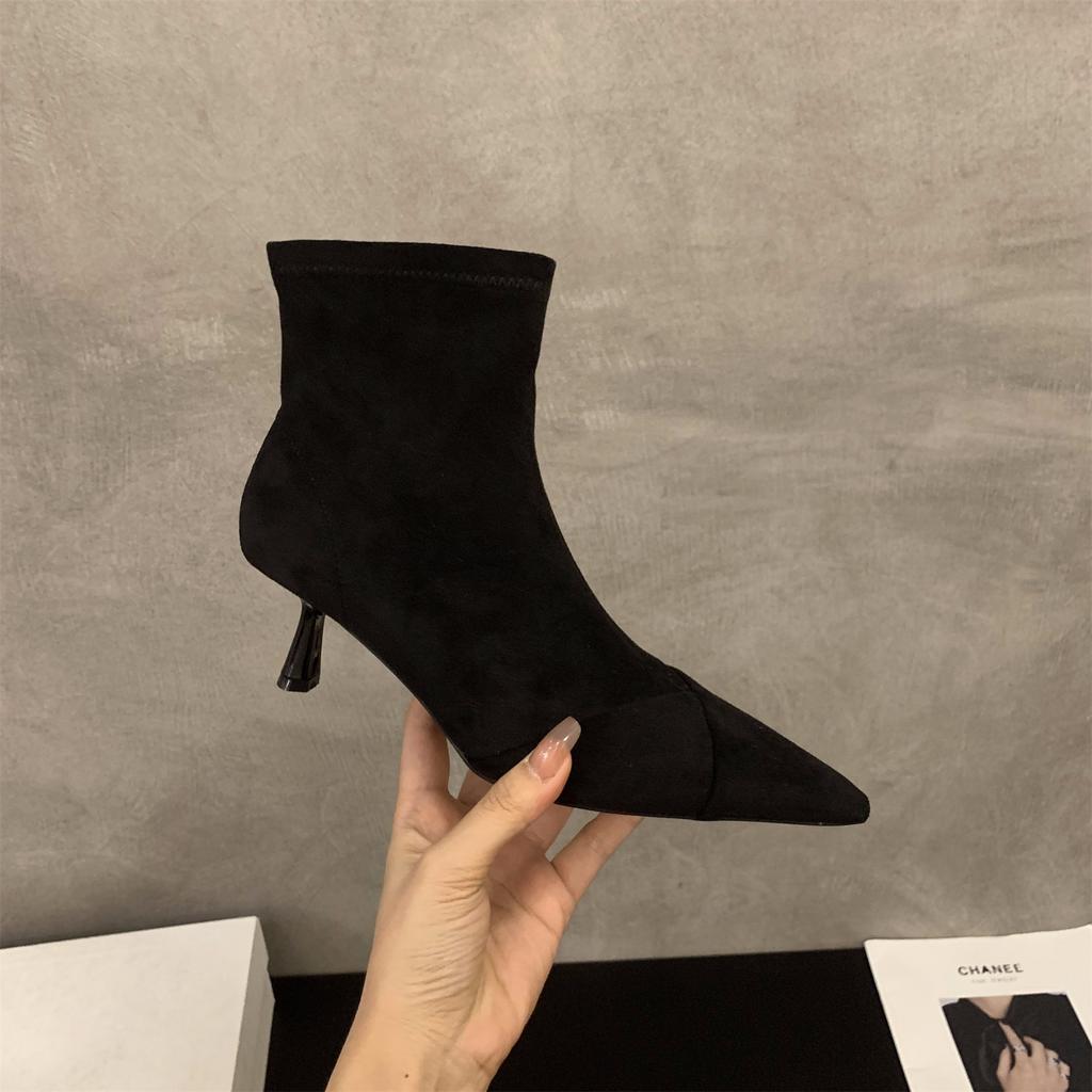 High Heel Thin Heel Pointed Suede Thin Boots Short Boots Women's Shoes 2025 New Autumn and Winter Brown French Small Ankle Boots