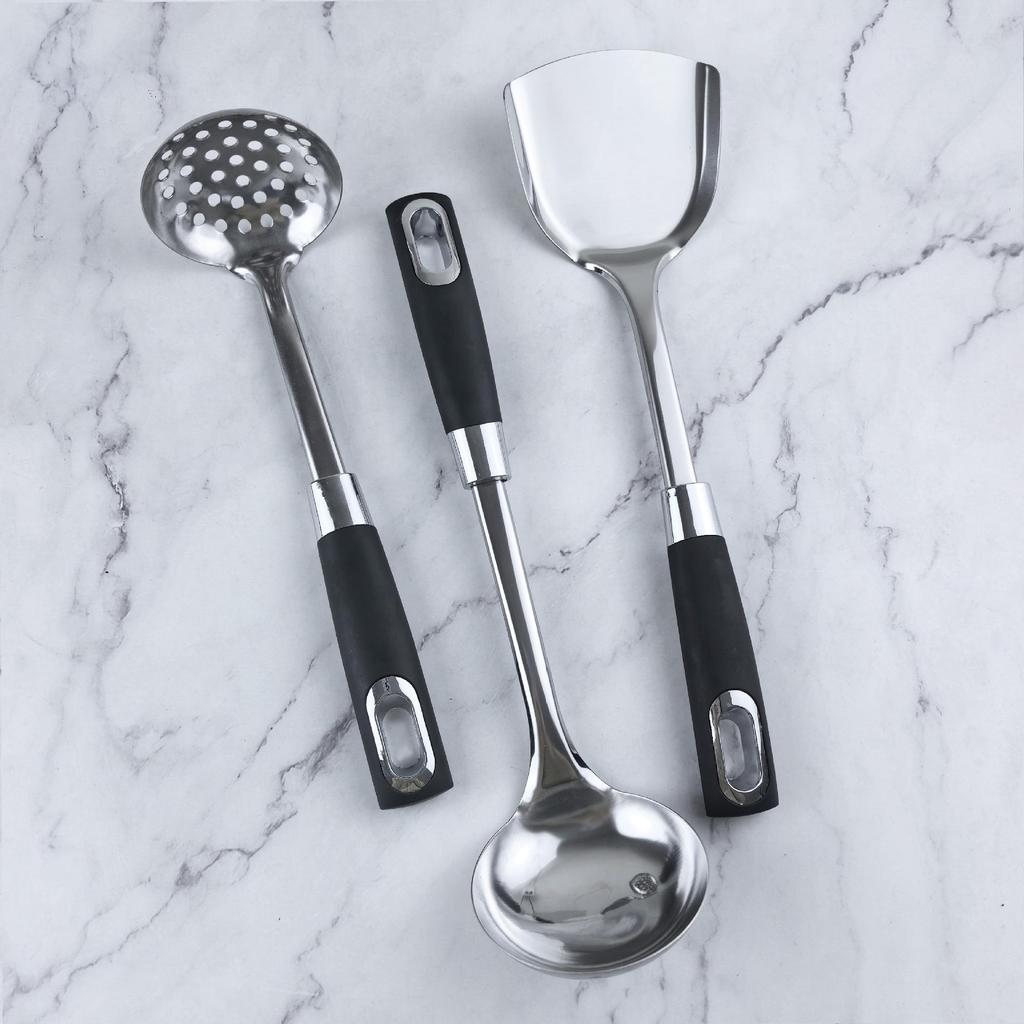 Stainless Steel Utensil Set: Spatula, Slotted Spoon, Solid Spatula, Anti-Scald Stir-Fry Tool.