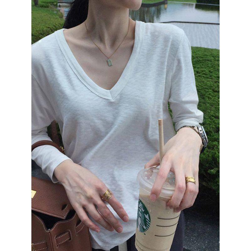 Dongdaemun Solid Color and V-neck Long Sleeves T-Shirt Women's Slub Cotton Easiest for Match Bottoming Shirt Spring Leisure Inner Wear Blouse Tide