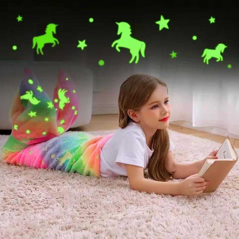 Cartoon Rainbow  Mermaid Tail Blanket Super Soft Glow In The Dark Flannel Mermaid Tail Blanket Girls Sleeping Bag